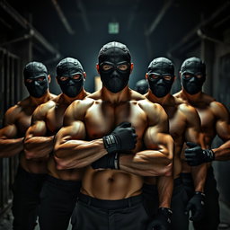 A striking image featuring a group of muscular men without shirts, showcasing their toned physiques