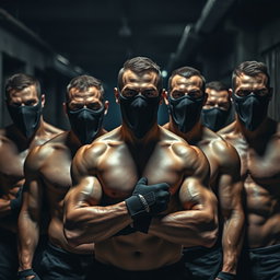 A striking image featuring a group of muscular men without shirts, showcasing their toned physiques