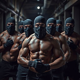 A striking image featuring a group of muscular men without shirts, showcasing their toned physiques