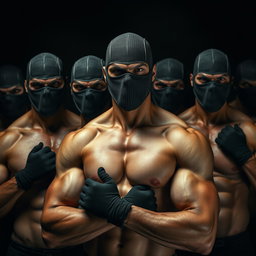 A captivating image featuring a group of muscular men, all without shirts, showcasing their powerful physiques