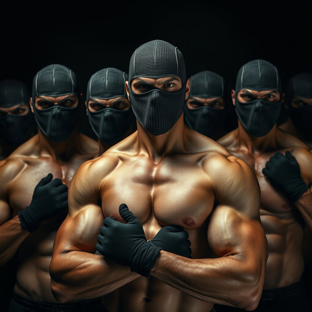 A captivating image featuring a group of muscular men, all without shirts, showcasing their powerful physiques