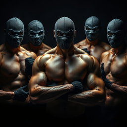 A captivating image featuring a group of muscular men, all without shirts, showcasing their powerful physiques