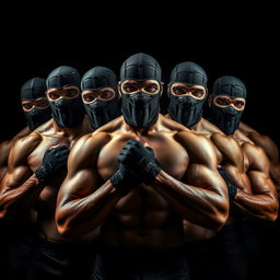 A captivating image featuring a group of muscular men, all without shirts, showcasing their powerful physiques