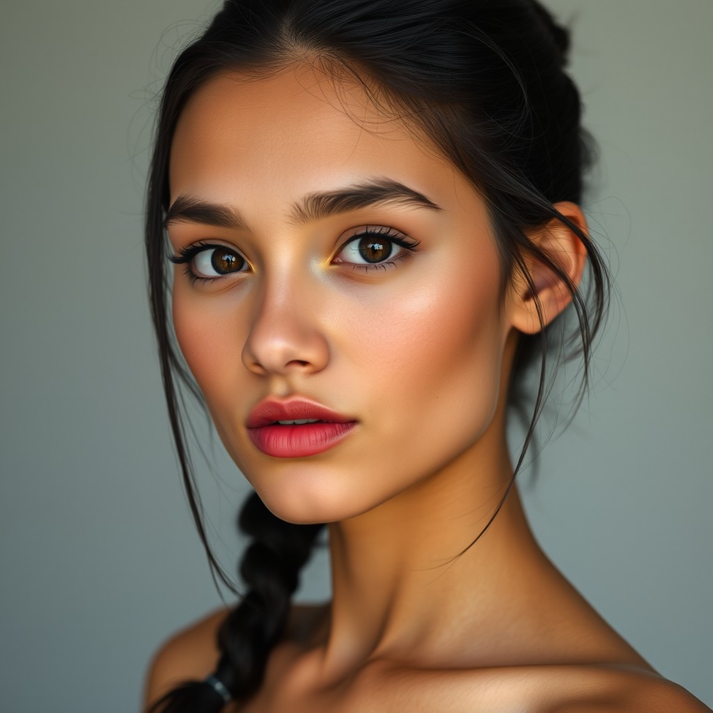 A young woman aged 20-22 years, with a fragile and elegant physique, featuring olive-toned skin and dark, almost black hair cascading in waves over her shoulders or tied back in a simple ponytail