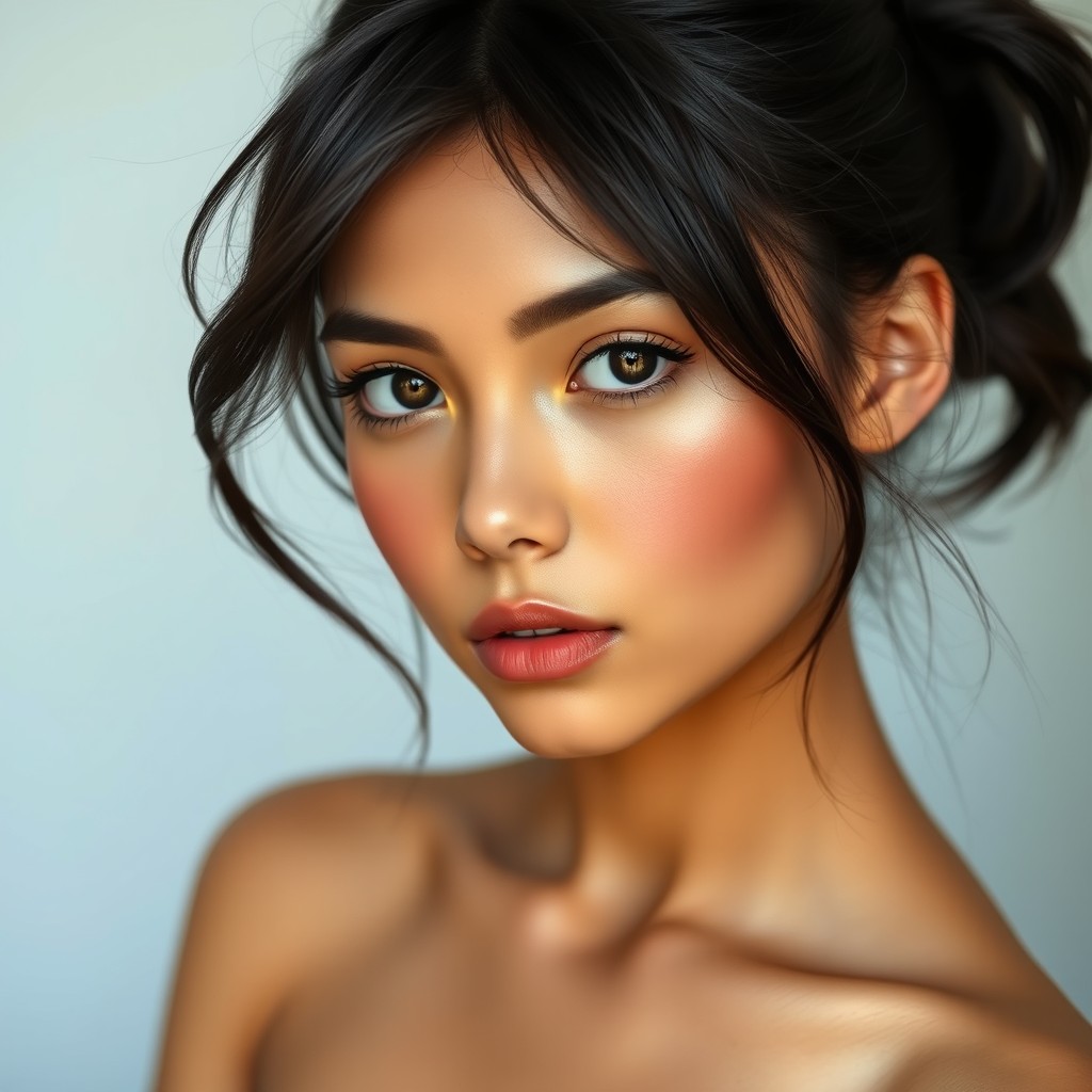 A young woman aged 20-22 years, with a delicate and almost graceful physique, featuring smooth olive-toned skin and dark, almost black hair flowing in waves over her shoulders or gathered in a simple ponytail