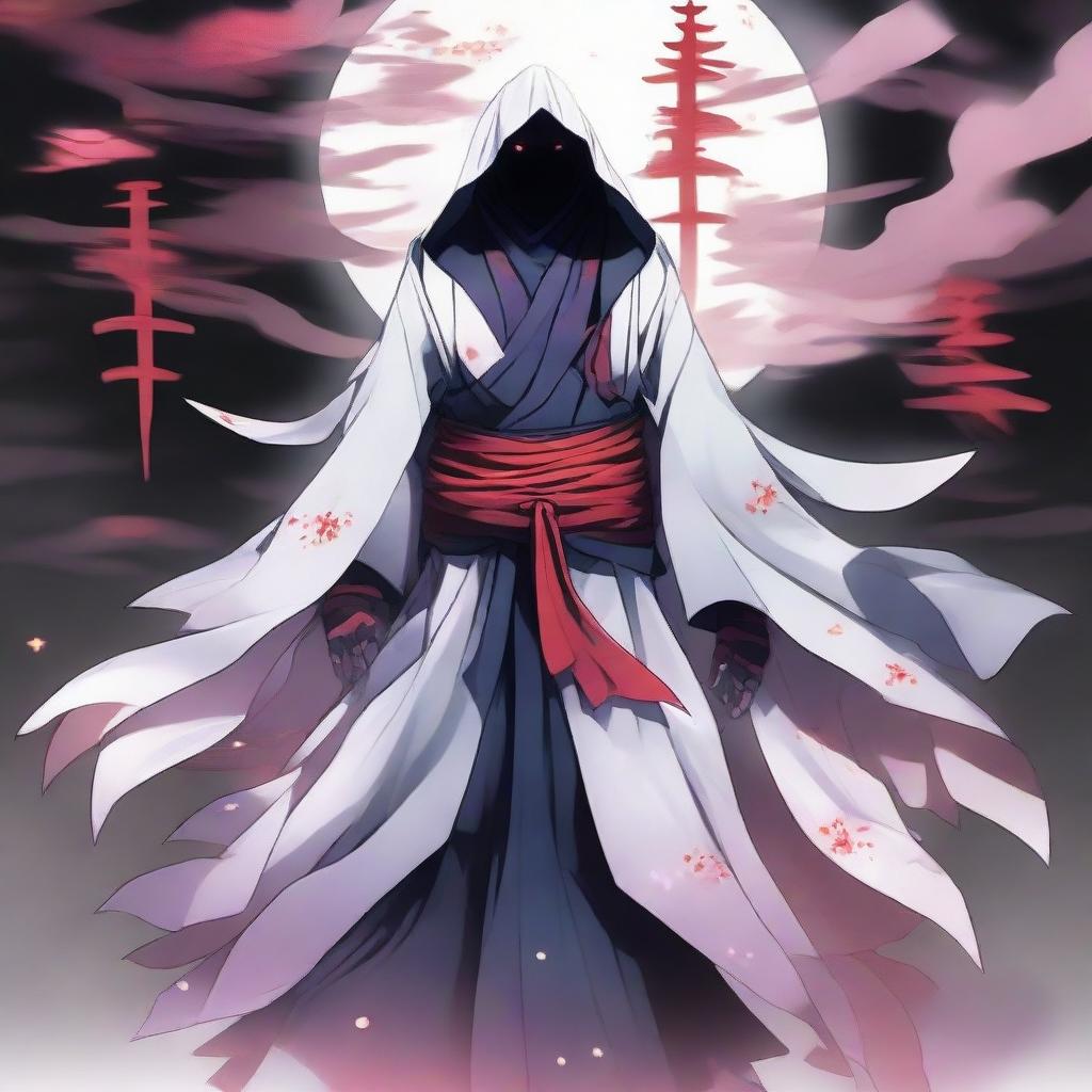 A translucent, ethereal figure representing the Ghost of the Uchiha, surrounded by a mysterious, spectral aura. His appearance blends traditional samurai armor, Uchiha attire, and ghostly features, embodying the fallen clan's history and their lasting legacy.