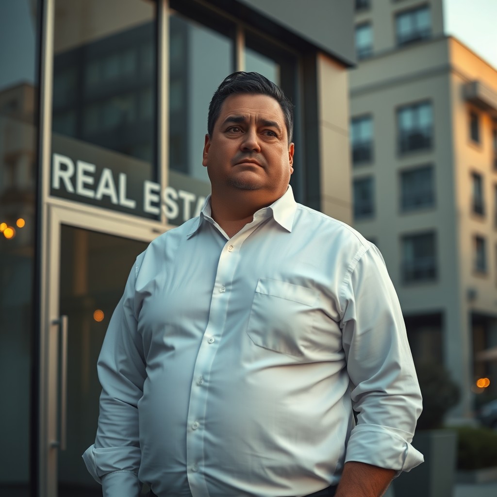 A hyper-realistic image of a chubby thirty-year-old man wearing a crisp white dress shirt, standing in front of a modern real estate office with large glass windows