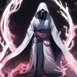 A translucent, ethereal figure representing the Ghost of the Uchiha, surrounded by a mysterious, spectral aura. His appearance blends traditional samurai armor, Uchiha attire, and ghostly features, embodying the fallen clan's history and their lasting legacy.