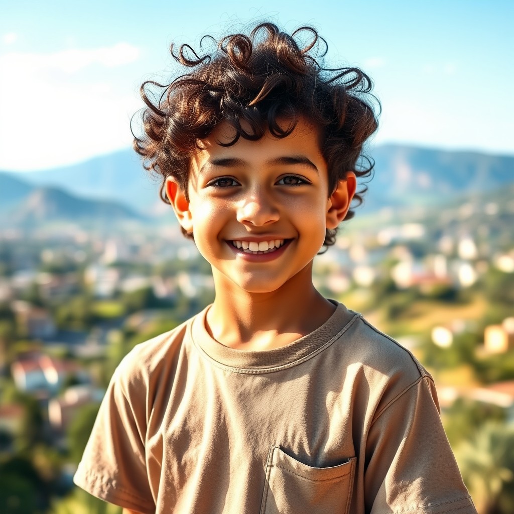 A portrait of a 15-year-old boy from Argentina with curly hair, showcasing his playful and adventurous spirit