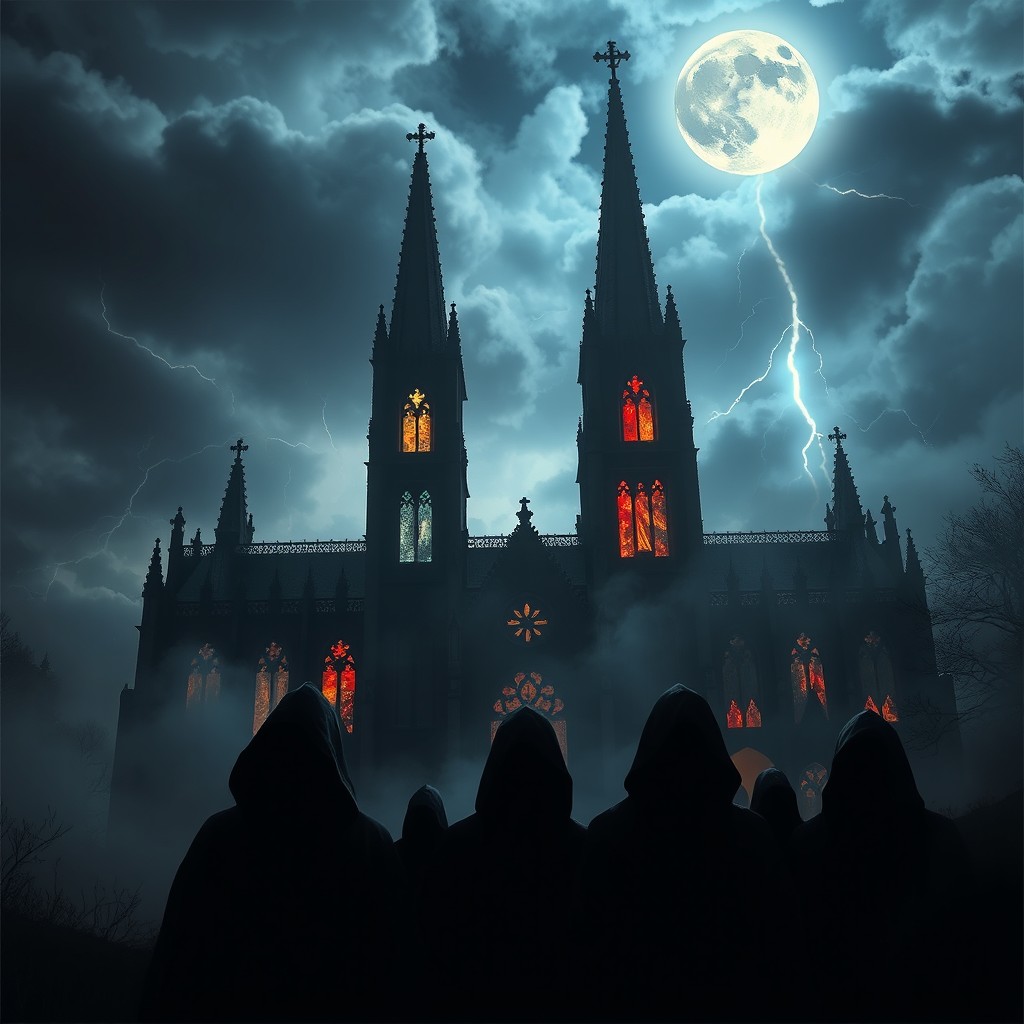 A mysterious and atmospheric scene featuring a dark, gothic cathedral illuminated by eerie, ethereal light, surrounded by swirling mist