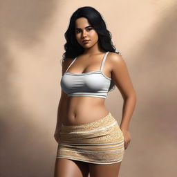 This high-quality digital art showcases a realistic Latina girl with a bloated belly, wearing a tight skirt