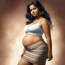 This high-quality digital art showcases a realistic Latina girl with a bloated belly, wearing a tight skirt