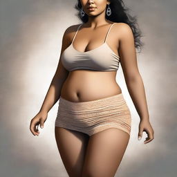 This high-quality digital art showcases a realistic Latina girl with a bloated belly, wearing a tight skirt