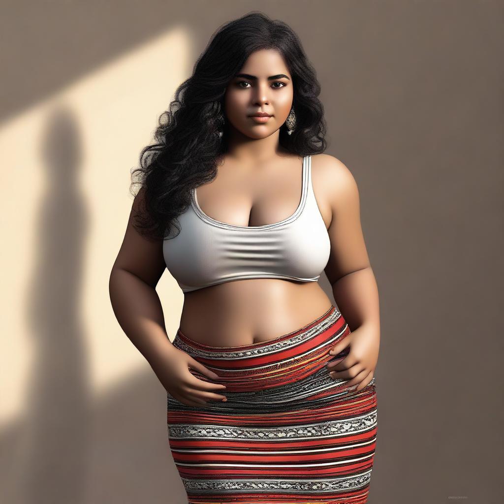 This high-quality digital art showcases a realistic Latina girl with a bloated belly, wearing a tight skirt