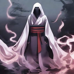 A translucent, ethereal figure representing the Ghost of the Uchiha, surrounded by a mysterious, spectral aura. His appearance blends traditional samurai armor, Uchiha attire, and ghostly features, embodying the fallen clan's history and their lasting legacy.