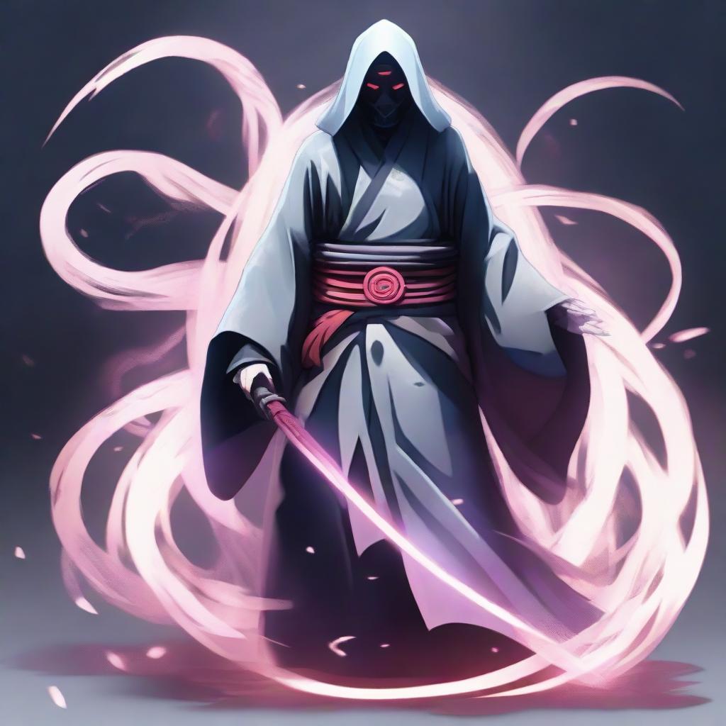 A translucent, ethereal figure representing the Ghost of the Uchiha, surrounded by a mysterious, spectral aura. His appearance blends traditional samurai armor, Uchiha attire, and ghostly features, embodying the fallen clan's history and their lasting legacy.