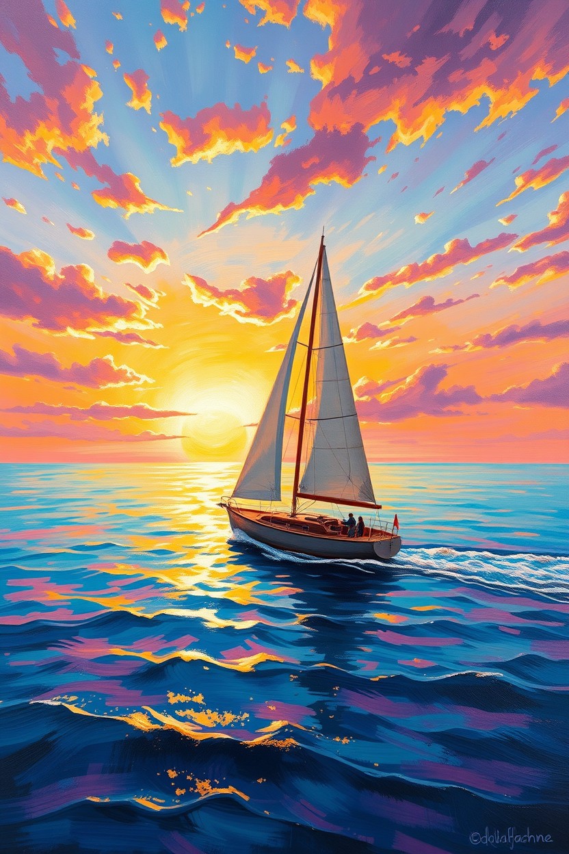 A beautiful oil painting depicting a sailboat gracefully sailing through a serene ocean at sunset