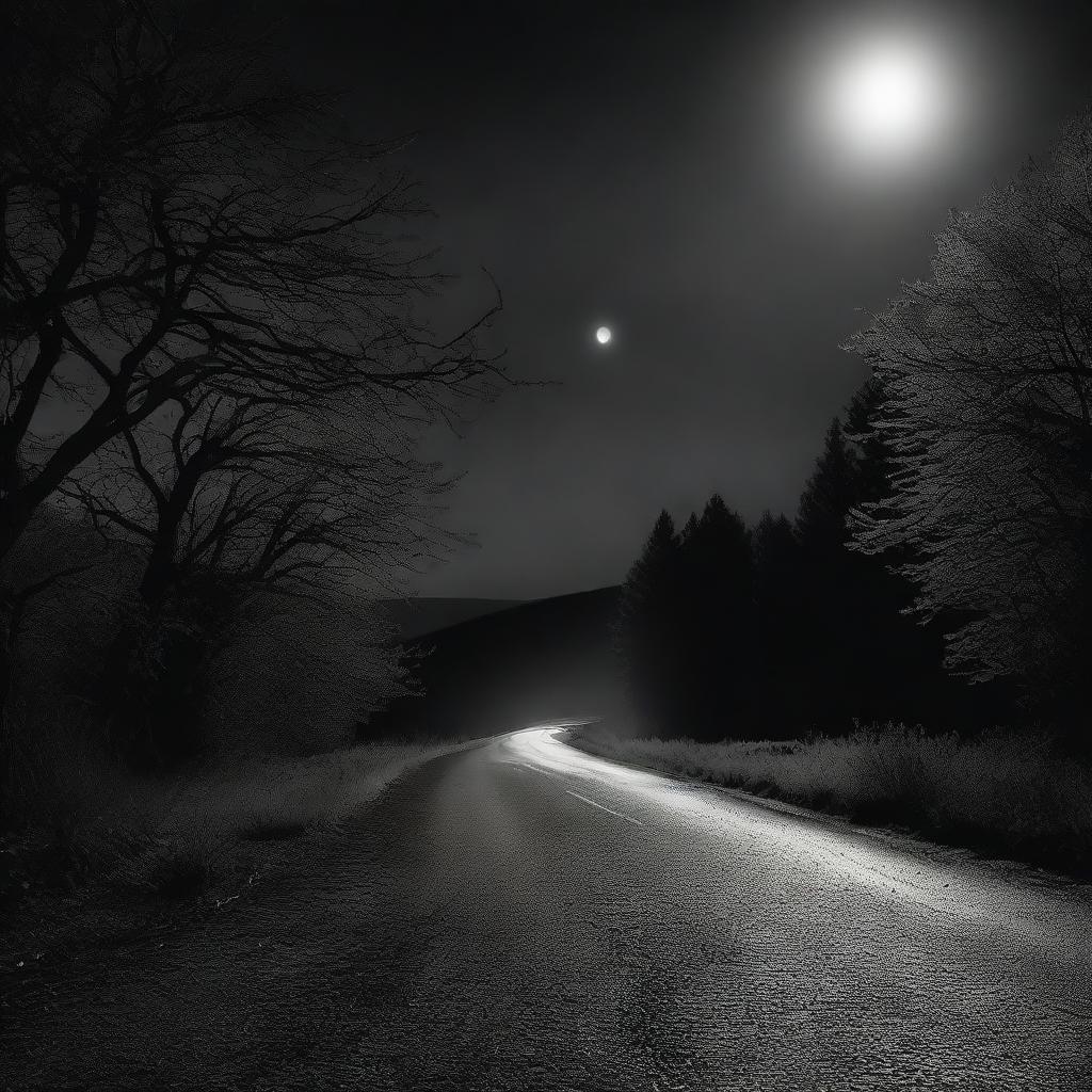 Capture the haunting solitude of a poorly lit, winding road, cloaked in darkness with distant moonlight providing nominal illumination.