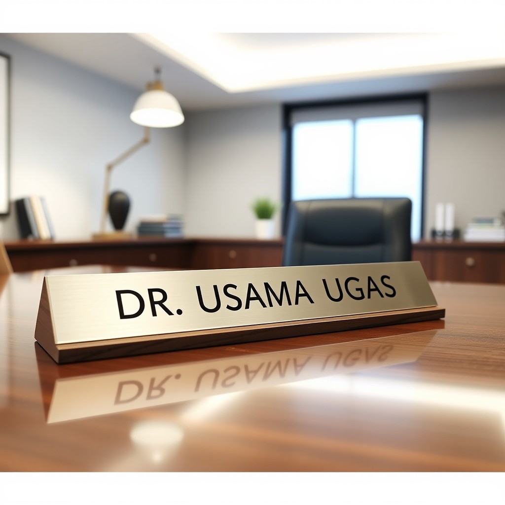 A sleek and elegant nameplate engraved with the name 'DR
