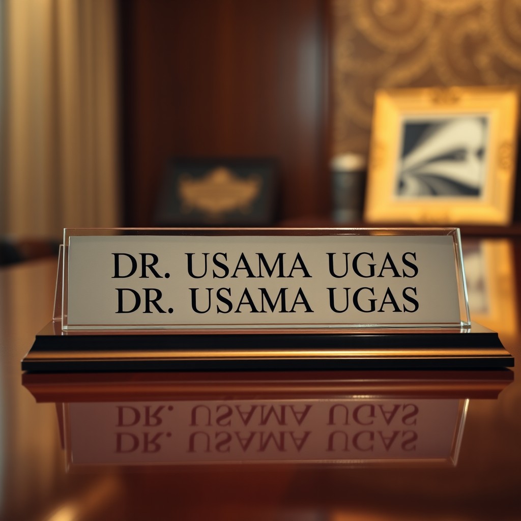 A nameplate displaying the names 'DR
