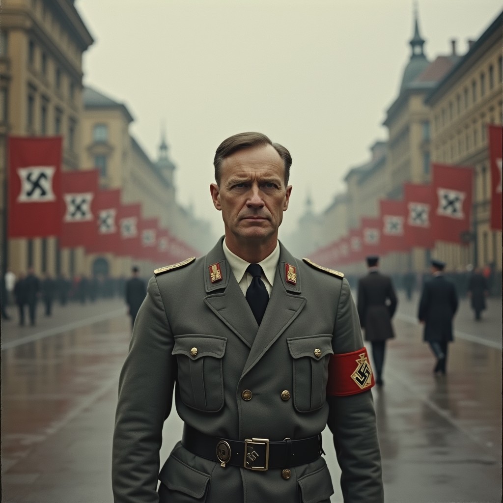 A historical portrait of a man dressed in a Nazi uniform, standing against the backdrop of a 1930s German cityscape