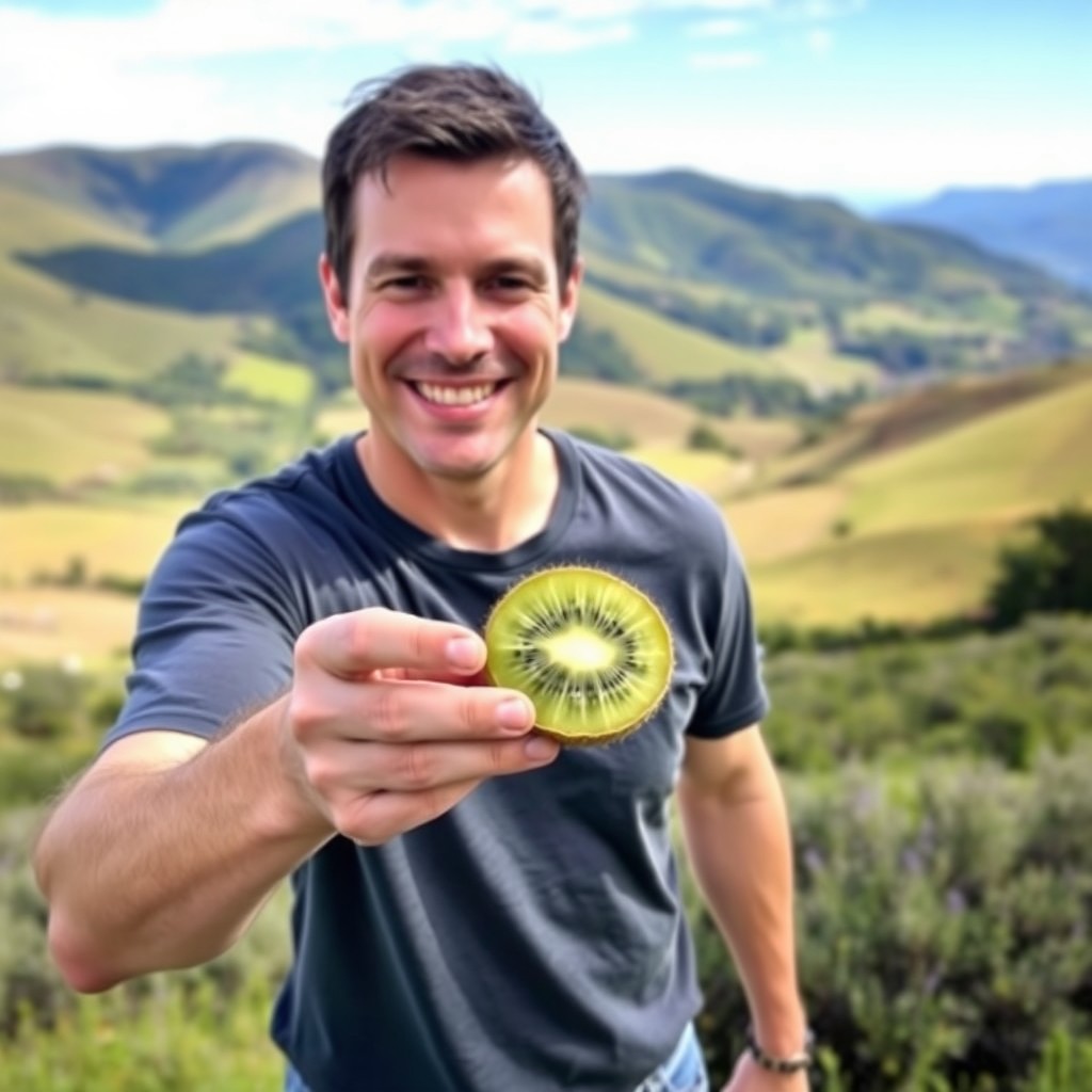 A cheerful man standing in a picturesque New Zealand landscape, holding a vibrant green kiwi fruit in his hand