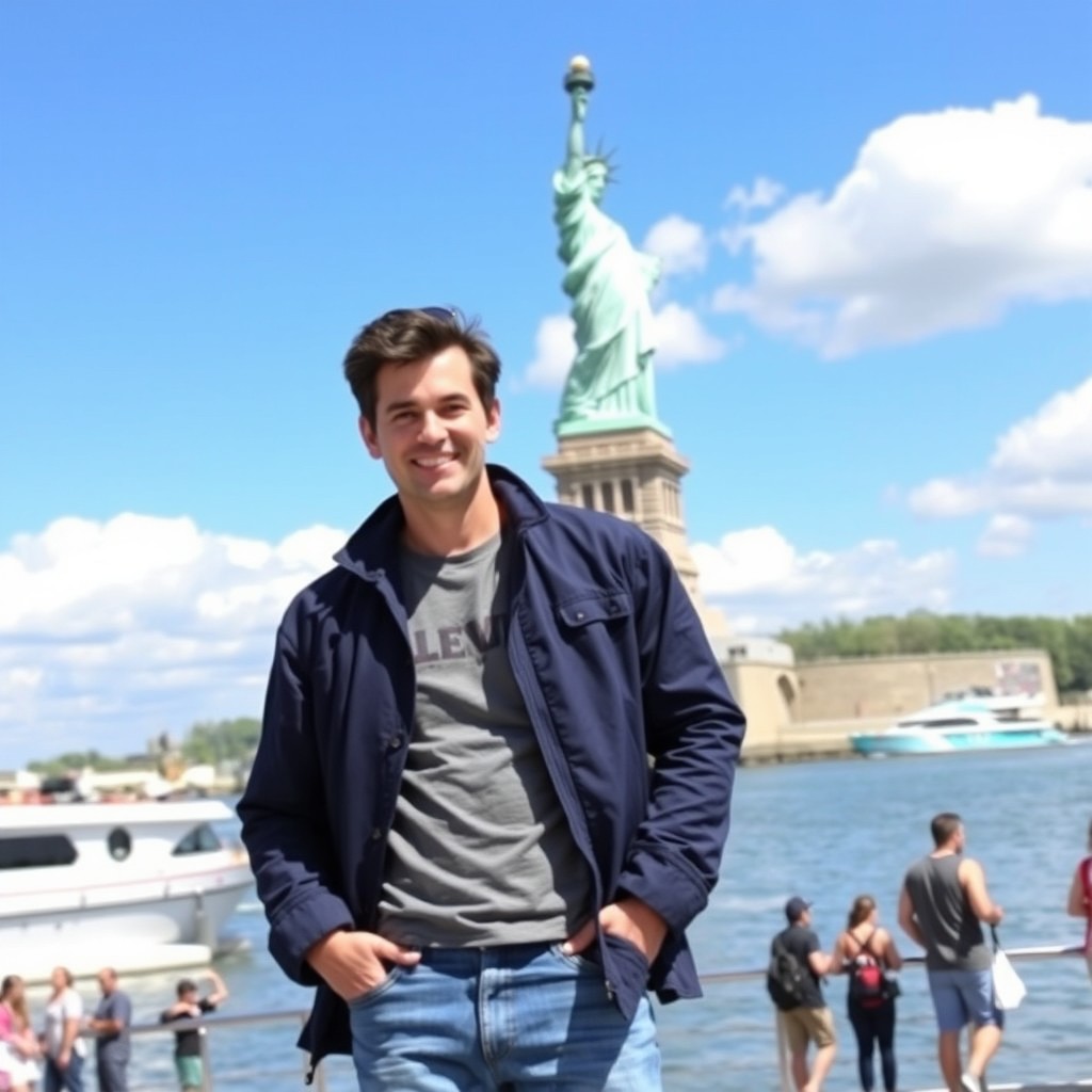 A man standing confidently in the foreground with the Statue of Liberty in the background, capturing the iconic sight in New York Harbor
