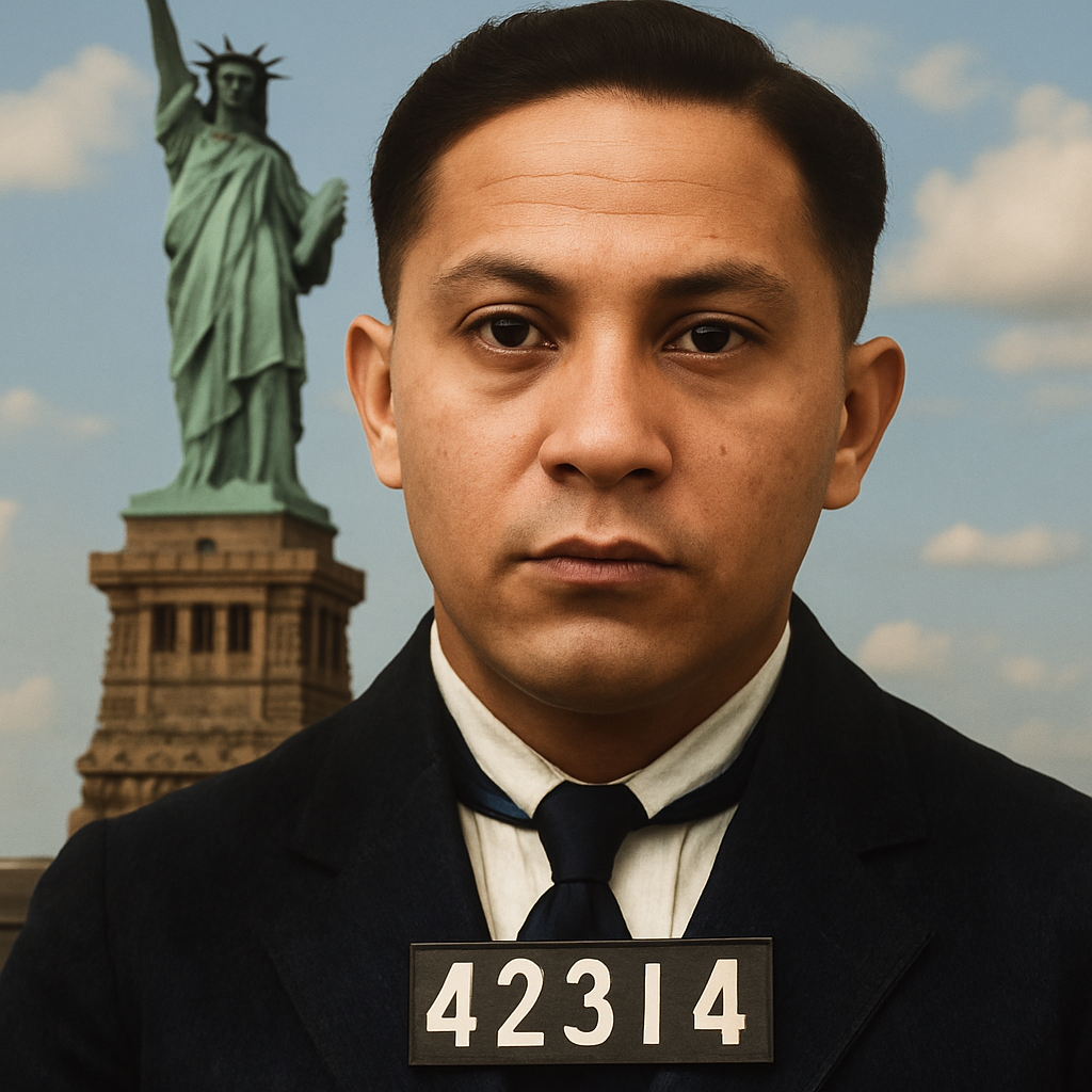Create a photo of this man with the statue of liberty in the background