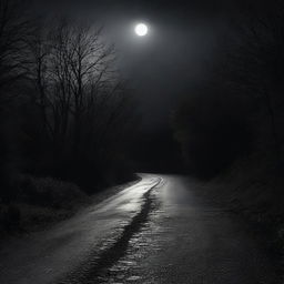 Capture the haunting solitude of a poorly lit, winding road, cloaked in darkness with distant moonlight providing nominal illumination.