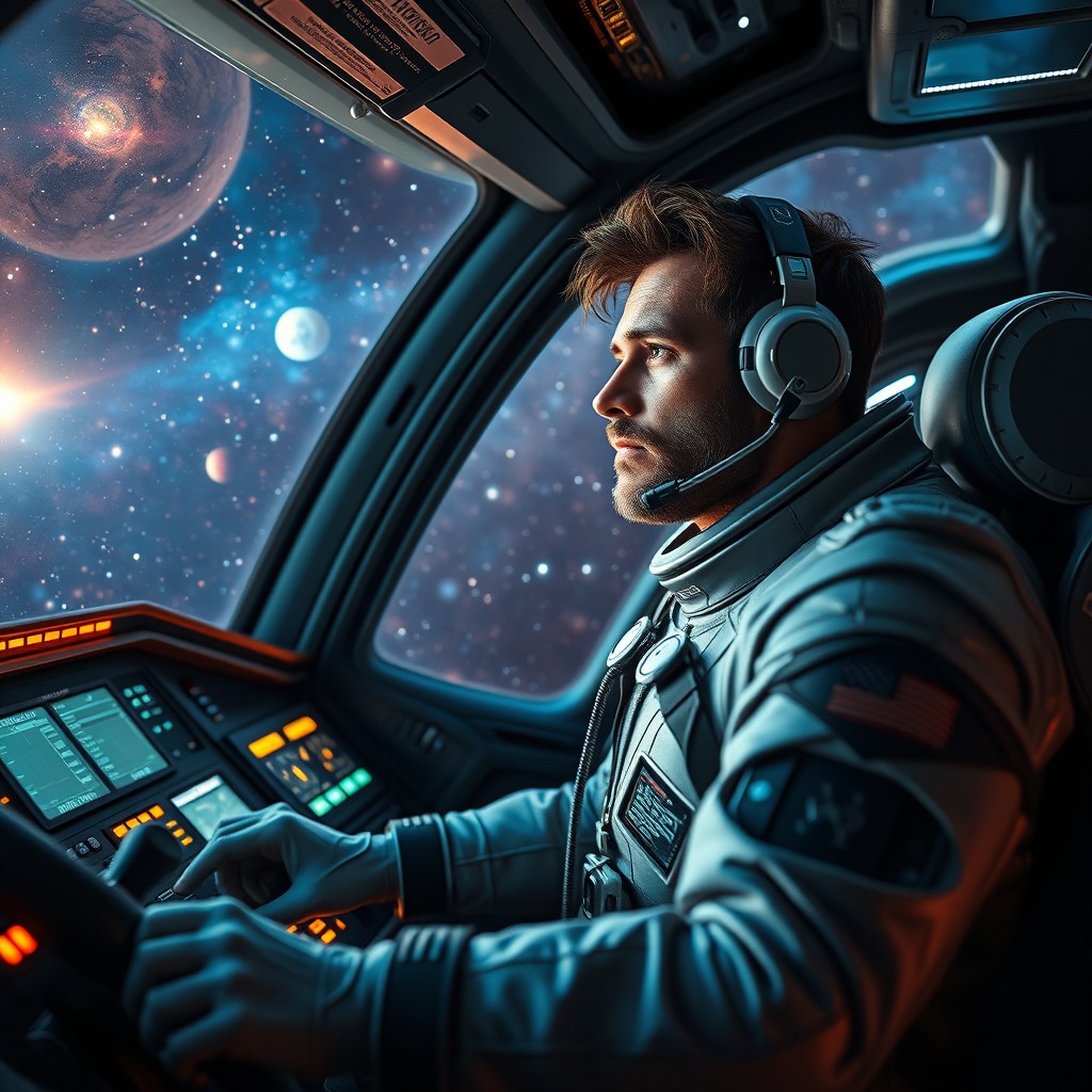 A highly detailed scene of a confident man piloting a futuristic spaceship within a vibrant starry space background