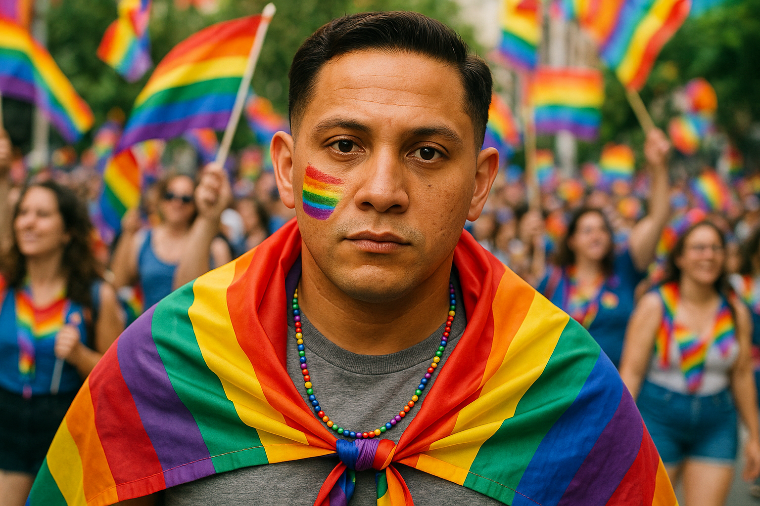 Depict this man in a gay pride parade
