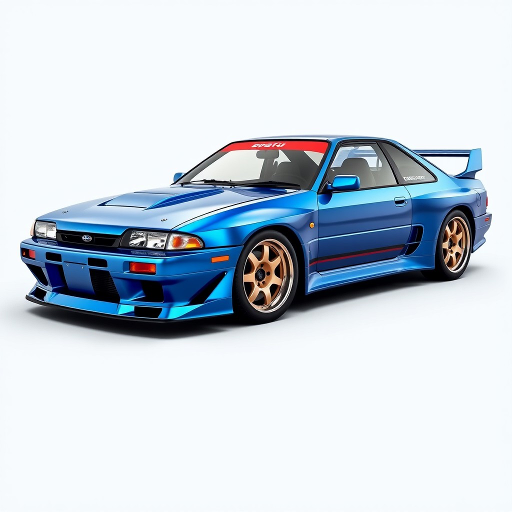 A stunning sports car inspired by the designs of the 90s, merging elements from the Subaru Impreza GC8 WRX STI, Nissan Skyline GT R32, and Mazda RX-7 FC3S