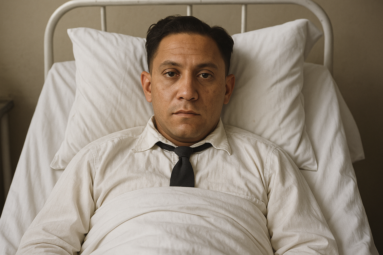 Depict this man lying in a hospital bed
