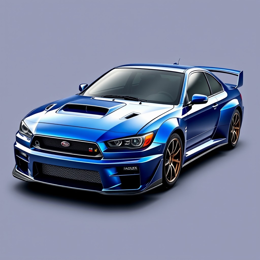 A beautiful sports car inspired by the iconic designs of the 90s, combining distinguished elements from the Subaru Impreza GC8 WRX STI, Nissan Skyline GT R32, and Mazda RX-7 FC3S