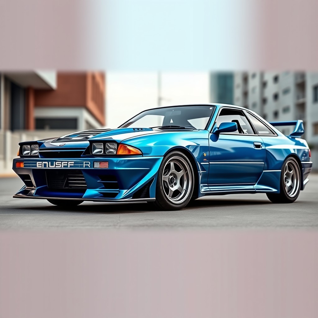 A stunning sport car inspired by 90s automotive design, featuring a sleek and aerodynamic shape that blends elements from the Subaru Impreza GC8 WRX STI, Nissan Skyline GT-R R32, and Mazda RX-7 FC3S