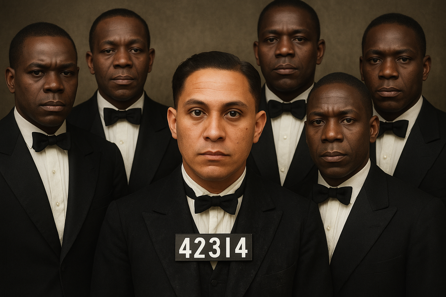 Depict this man surrounded by black men in tuxedos