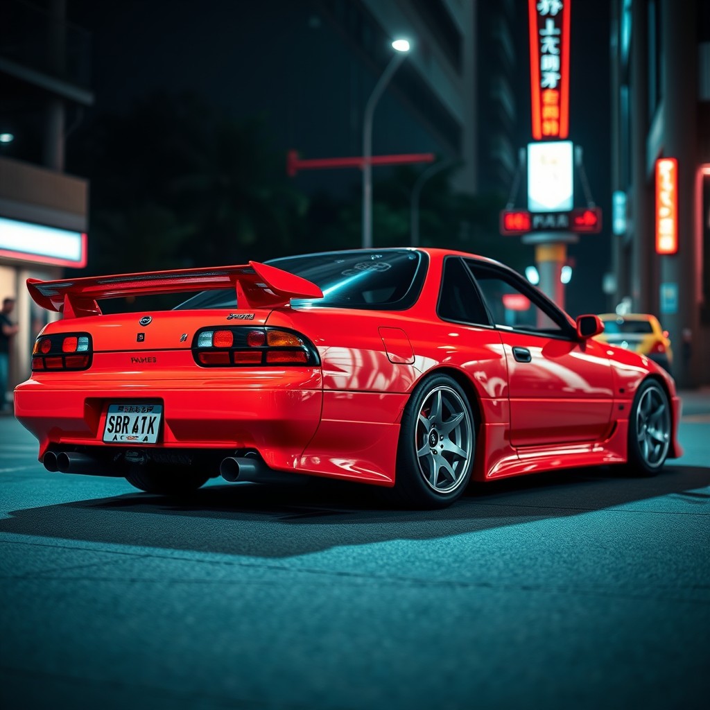 A beautiful sport car inspired by 90s automotive design, merging features from the Subaru Impreza GC8 WRX STI, Nissan Skyline GT-R R32, and Mazda RX-7 FC3S