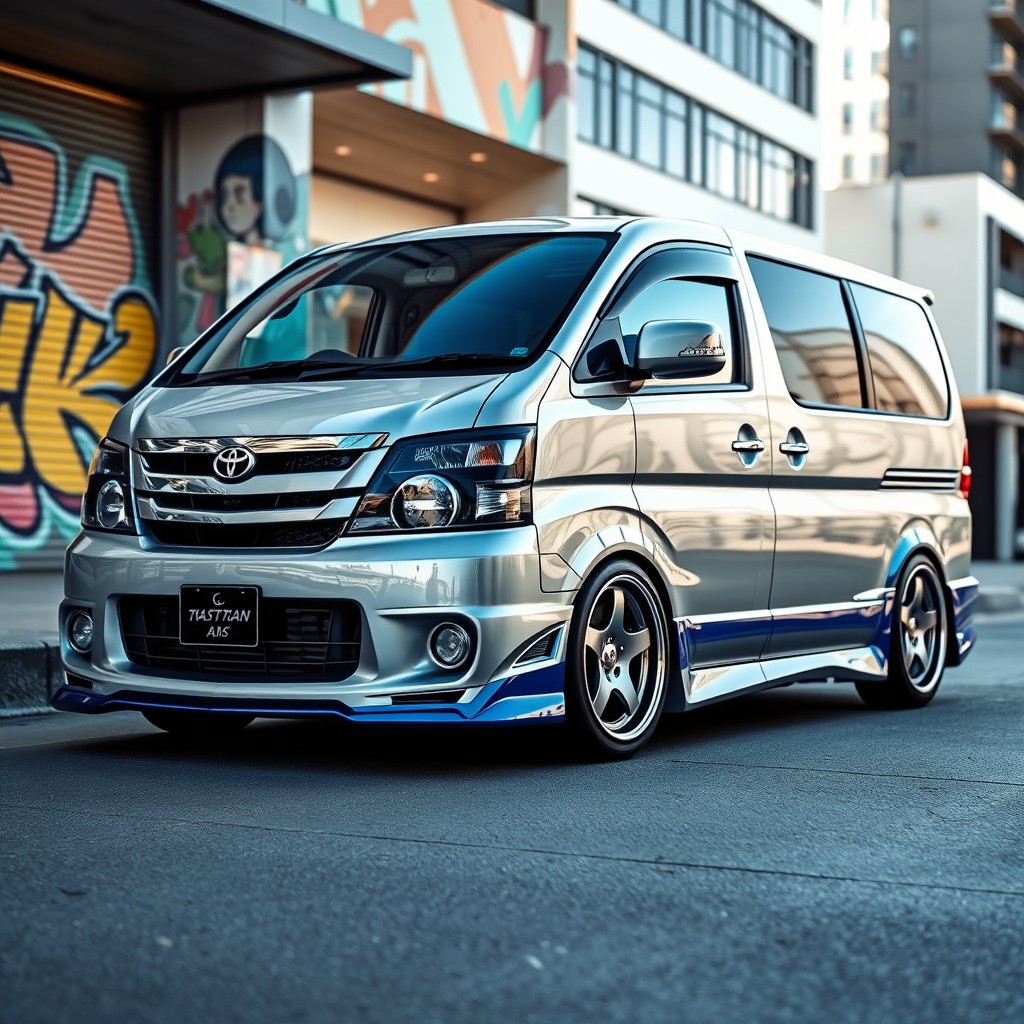 A modified 1997 Toyota Noah van, showcasing a sleek silver color with accents of blue