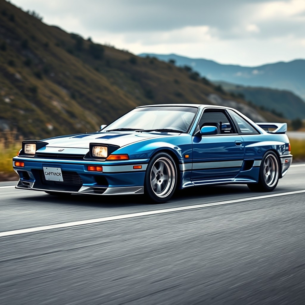 A stunning sports car inspired by 90s design, seamlessly blending elements from the Subaru Impreza GC8 WRX STI, Nissan Skyline GT-R R32, and Mazda RX-7 FC3S