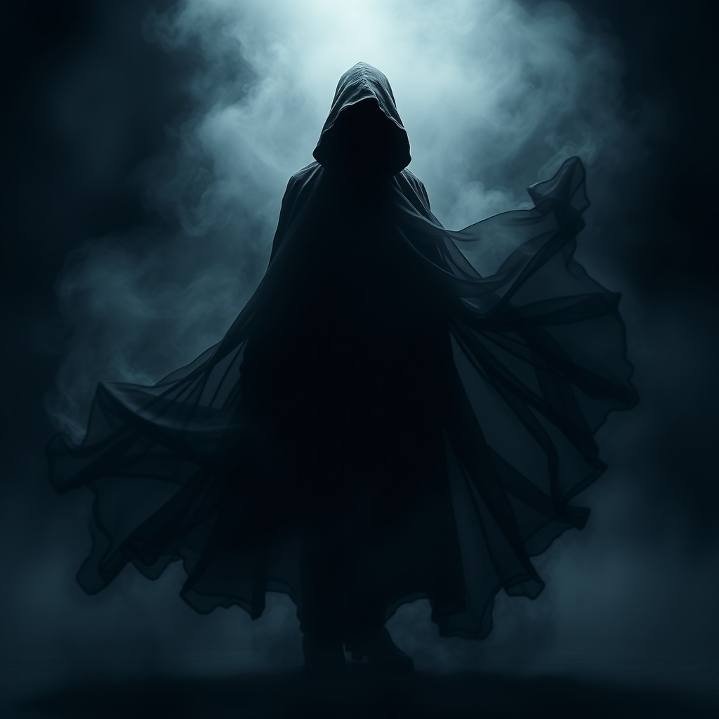 A mysterious black cloak made entirely of shadows, swirling and swirling in an ethereal fashion, casting faint, dark silhouettes around it, as if it embodies darkness itself