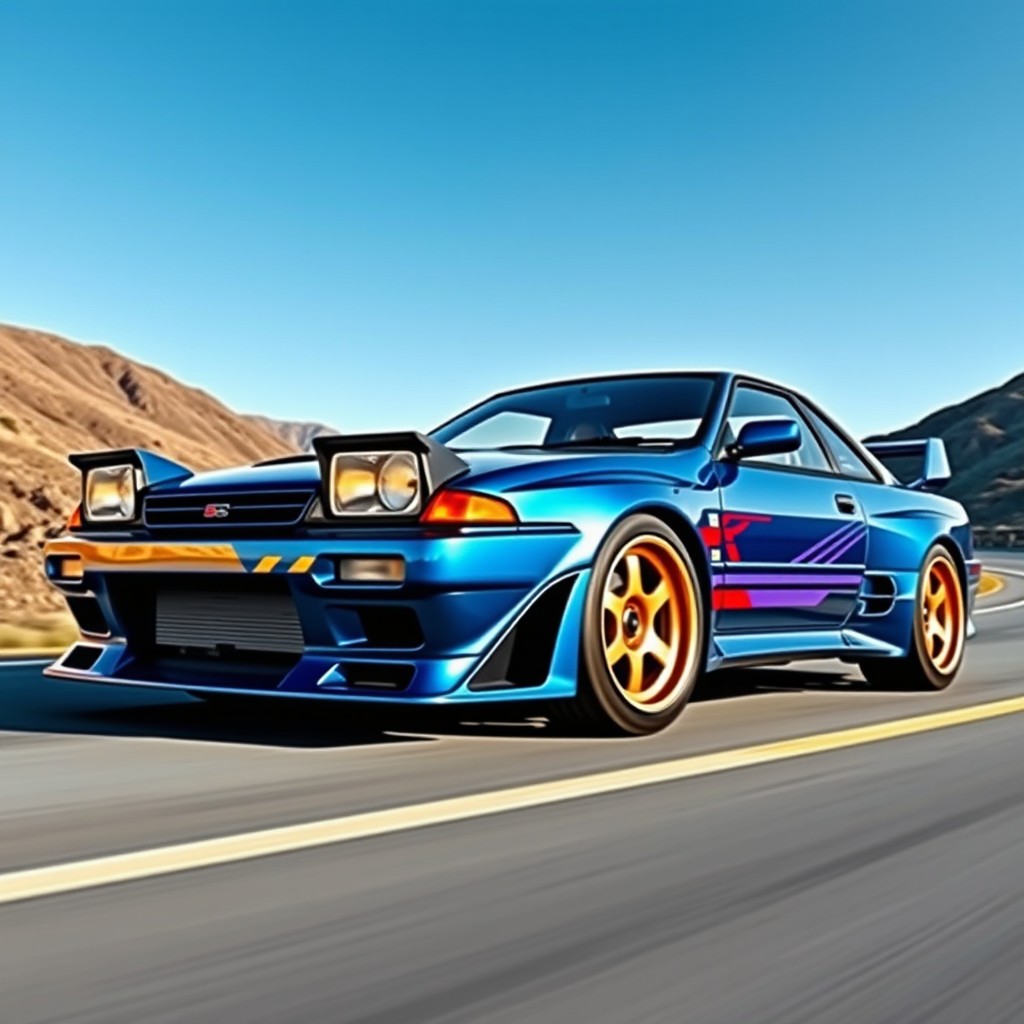 A stunning sports car inspired by 90s design, artfully blending elements from the Subaru Impreza GC8 WRX STI, Nissan Skyline GT-R R32, and Mazda RX-7 FC3S