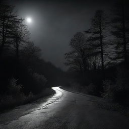 Capture the haunting solitude of a poorly lit, winding road, cloaked in darkness with distant moonlight providing nominal illumination.