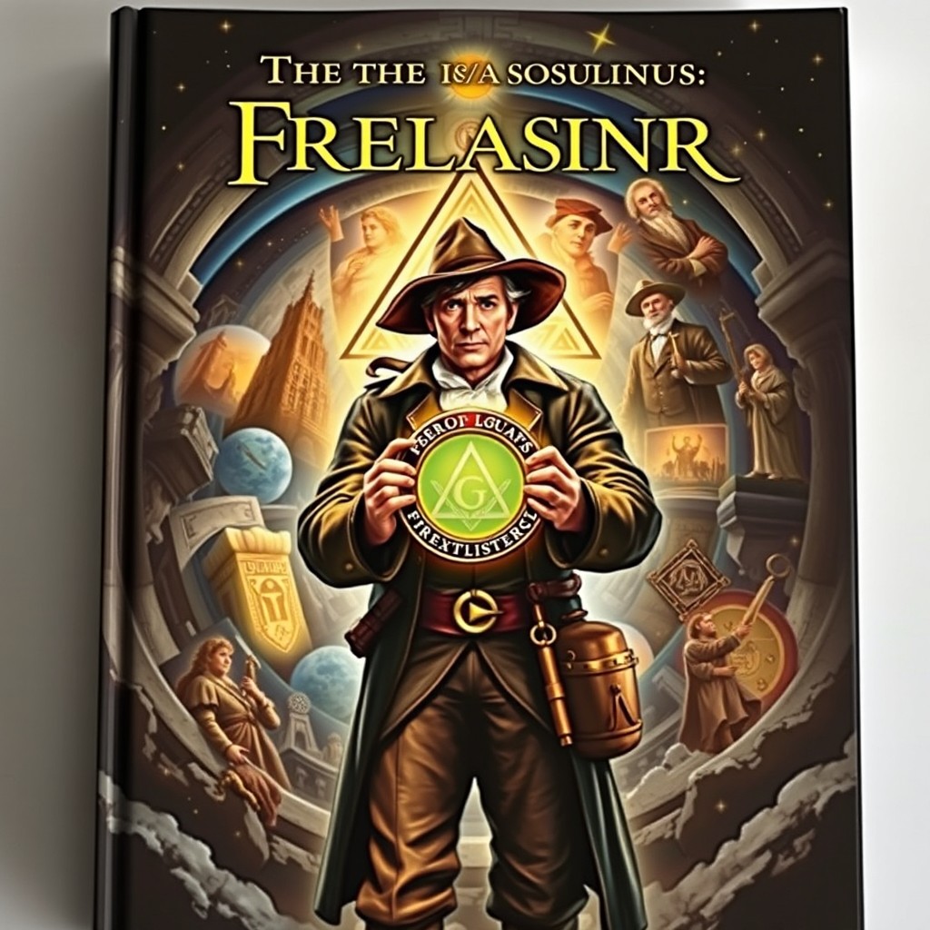 A book cover featuring a central character holding a mystical amulet, which shimmers with ancient symbols
