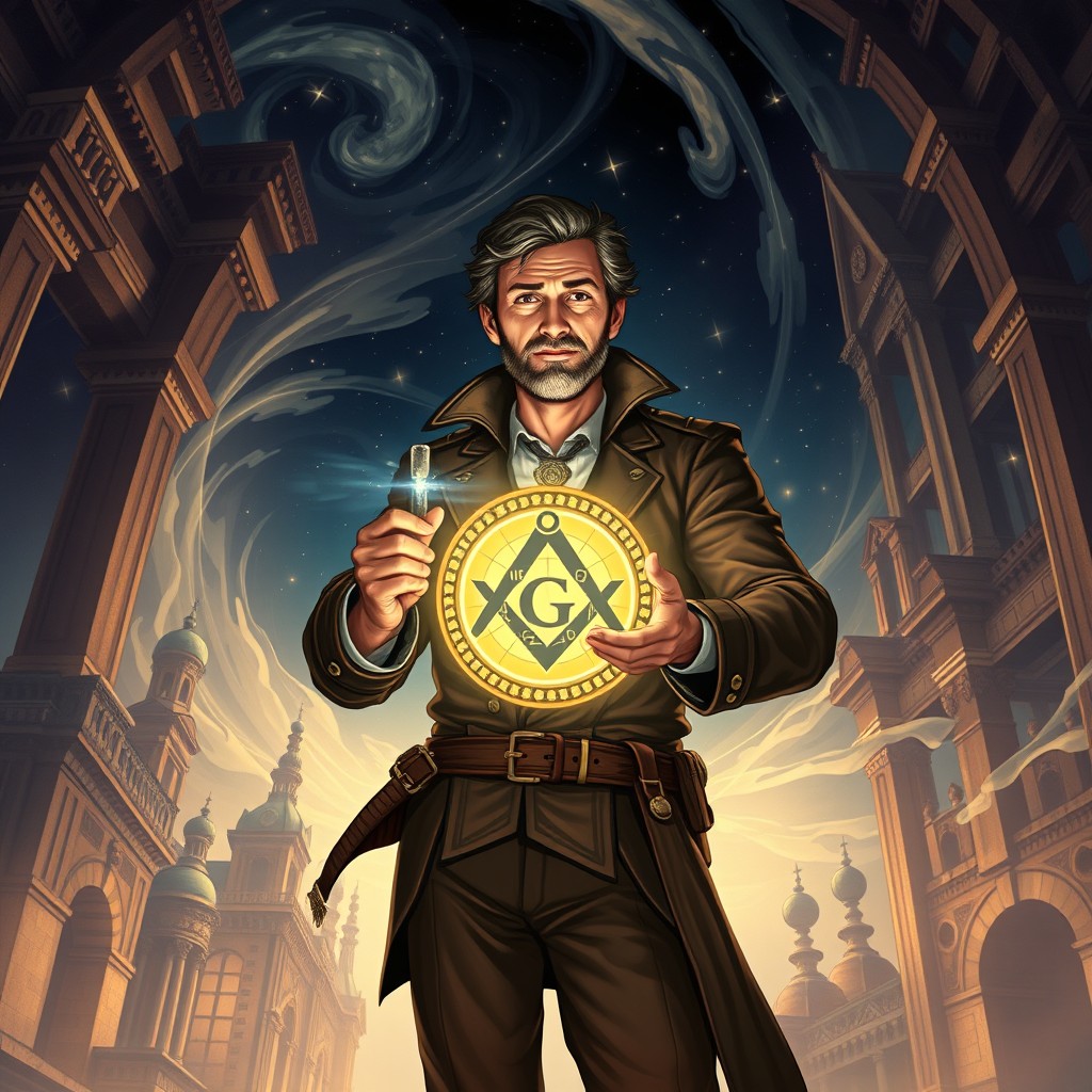 An imaginative book cover illustration focusing solely on a central character, a male explorer holding a glowing amulet