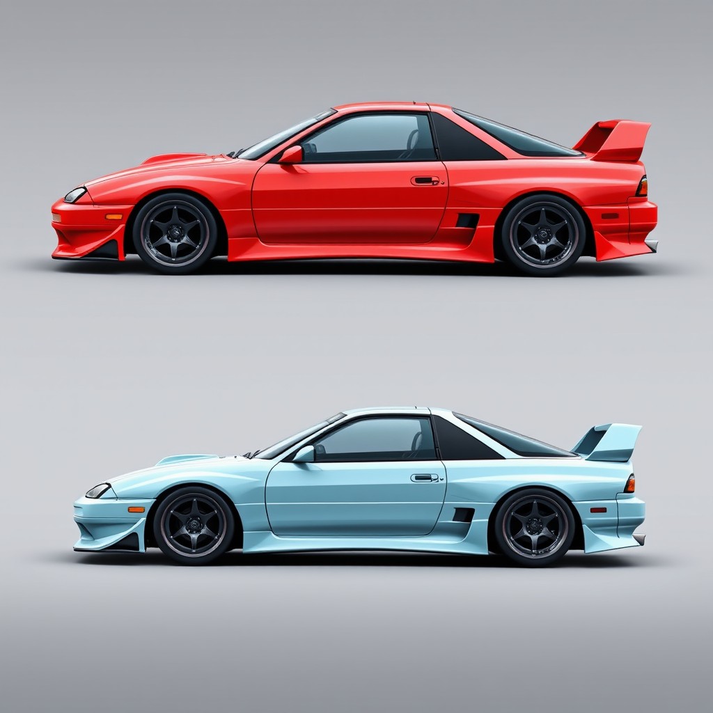 A beautifully designed sports car inspired by 90s automotive icons, blending features from the Subaru Impreza GC8 WRX STI, Nissan Skyline GT-R R32, and Mazda RX-7 FC3S