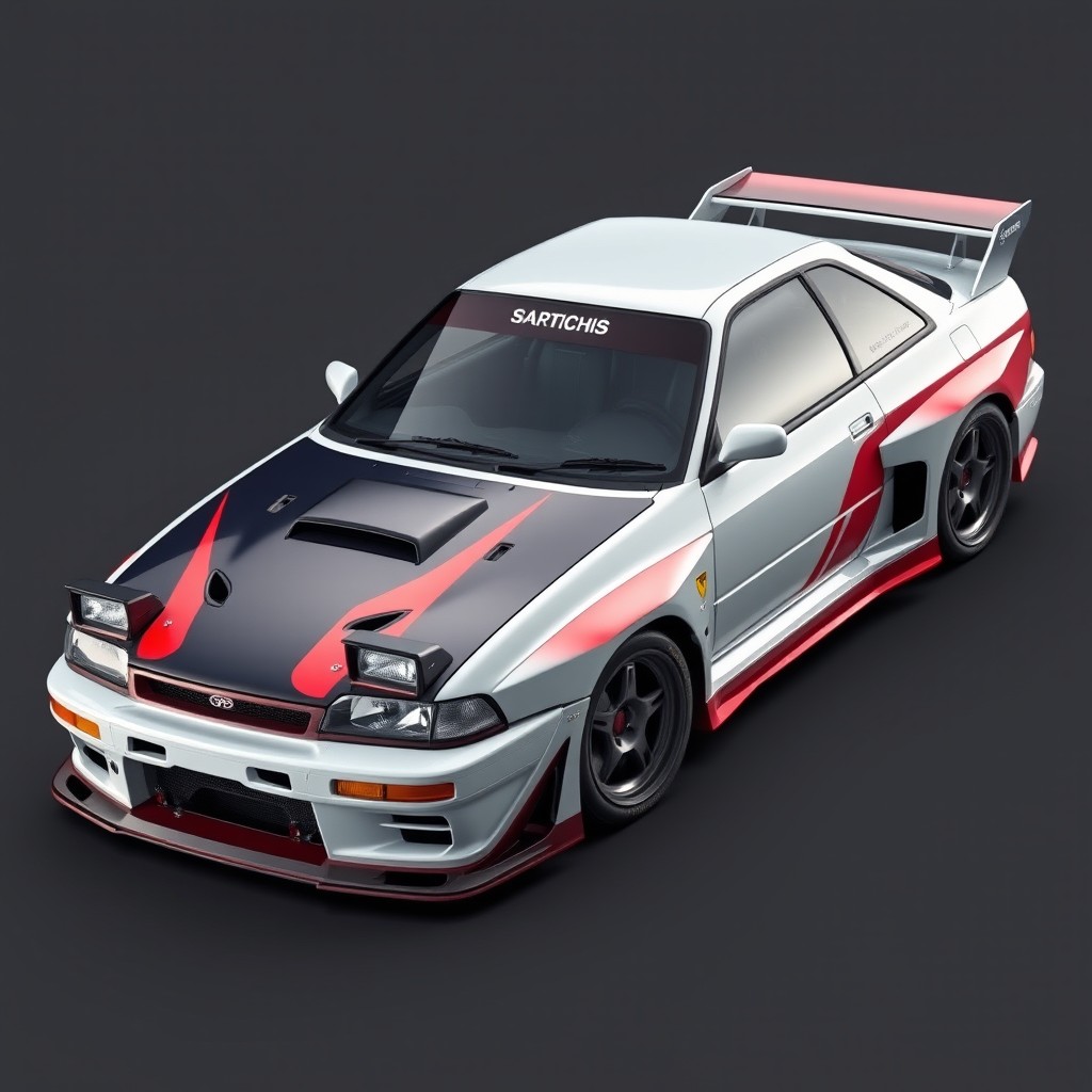 A stunning sports car inspired by 90s automotive legends, elegantly merging design elements from the Subaru Impreza GC8 WRX STI, Nissan Skyline GT-R R32, and Mazda RX-7 FC3S