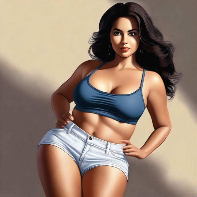 This is a piece of high-quality digital art, depicting a sexy Latina girl with a bloated belly, wearing a tight skirt