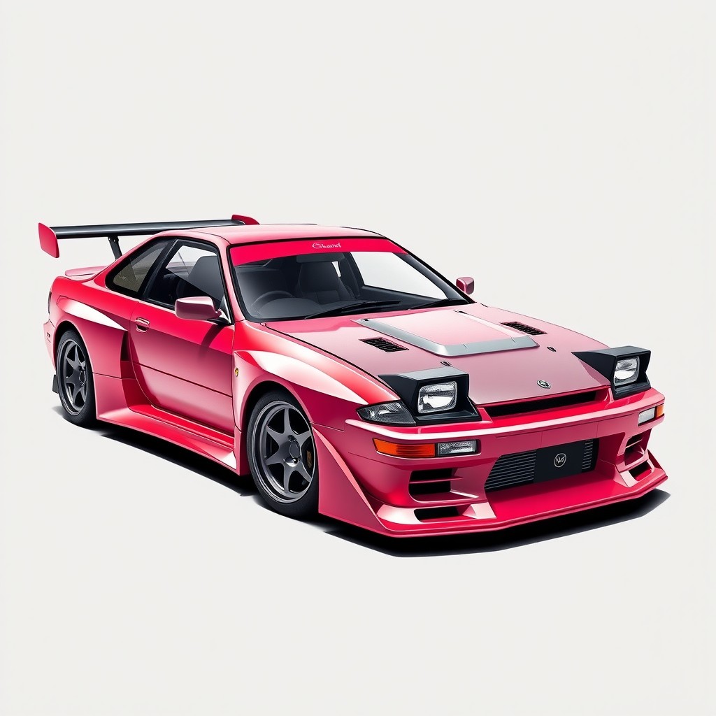 A stunning sport car inspired by 90s automotive design, blending elements from the Subaru Impreza GC8 WRX STI, Nissan Skyline GT-R R32, and Mazda RX-7 FC3S