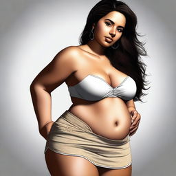 This is a piece of high-quality digital art, depicting a sexy Latina girl with a bloated belly, wearing a tight skirt