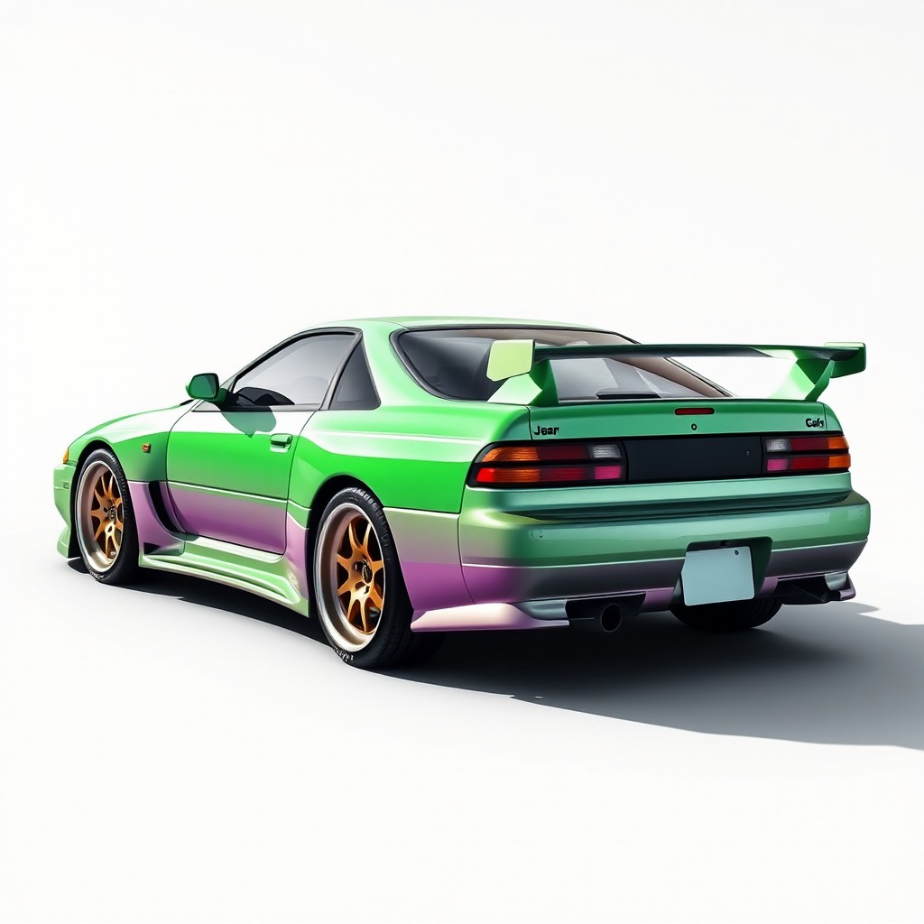A beautifully designed sport car inspired by the 90s, merging features from the Subaru Impreza GC8 WRX STI, Nissan Skyline GT-R R32, and Mazda RX-7 FC3S